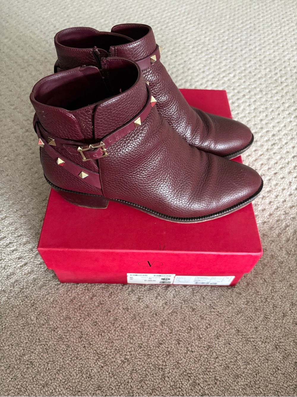 Valentino Burgundy Leather Studded Ankle Boots